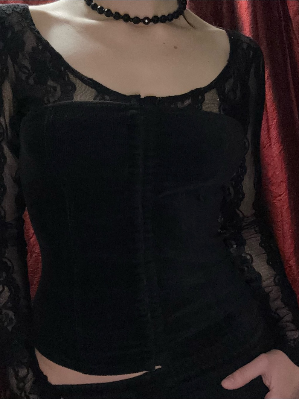 Moda International Black Lace Corset-Style Long Sleeve Top - Picture 1 of 7